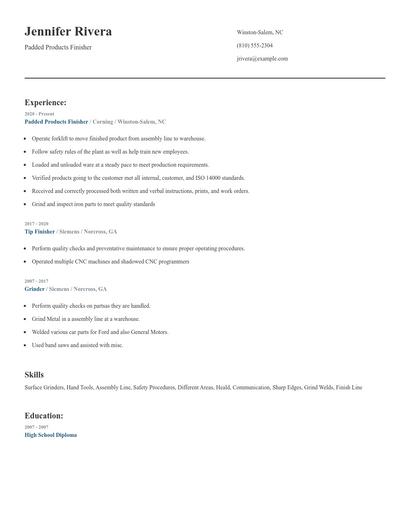 Padded Products Finisher Resume