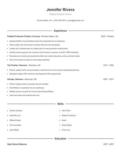 Padded Products Finisher Resume