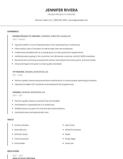 Padded Products Finisher Resume