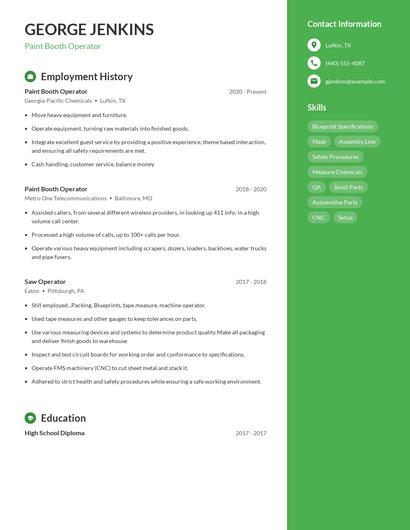 Paint Booth Operator Resume