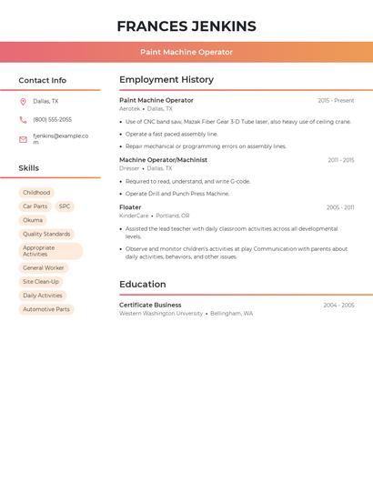 Paint Machine Operator Resume