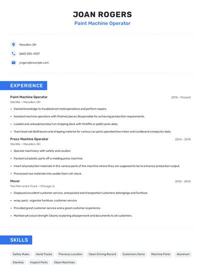 Paint Machine Operator Resume