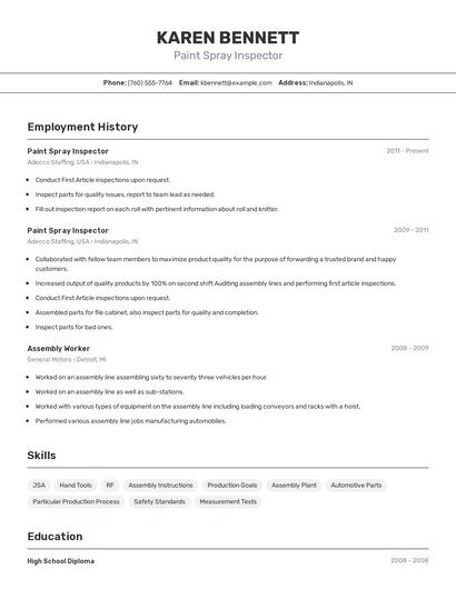 Paint Spray Inspector Resume