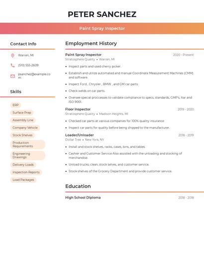 Paint Spray Inspector Resume