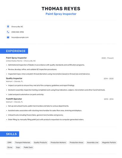Paint Spray Inspector Resume
