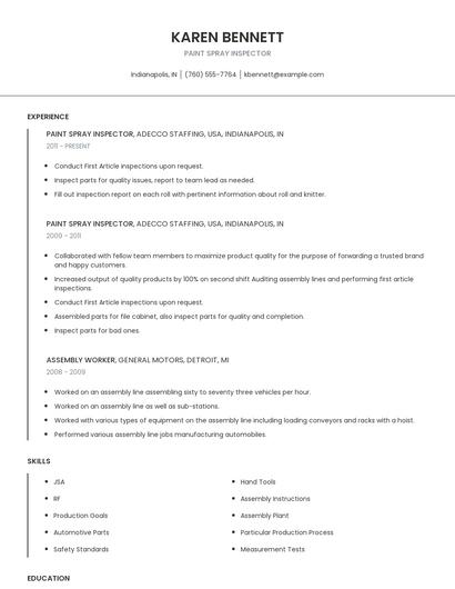 Paint Spray Inspector Resume