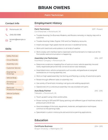 Paint Technician Resume