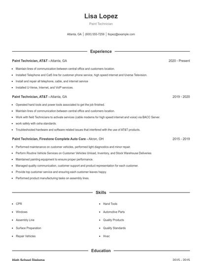 Paint Technician Resume