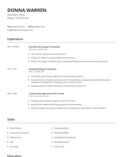 Paintless Dent Repair Technician Resume