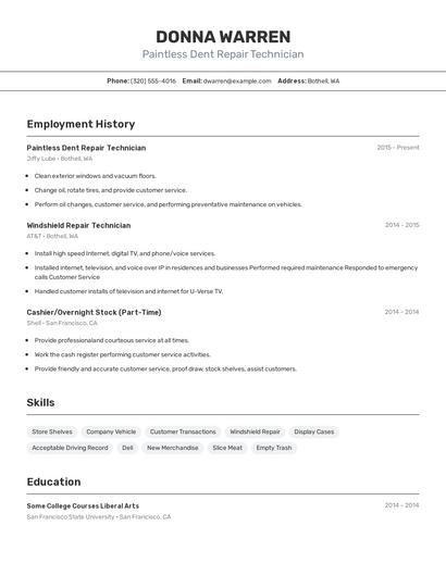 Paintless Dent Repair Technician Resume