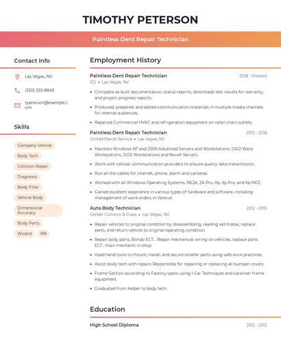 Paintless Dent Repair Technician Resume