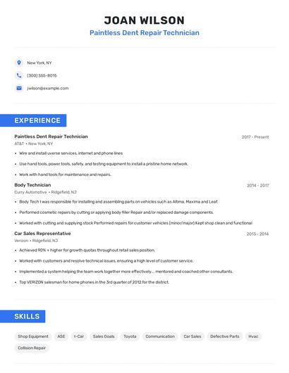 Paintless Dent Repair Technician Resume
