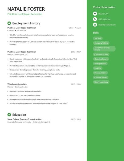 Paintless Dent Repair Technician Resume