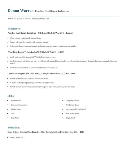 Paintless Dent Repair Technician Resume