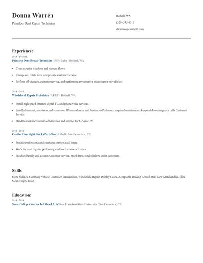 Paintless Dent Repair Technician Resume