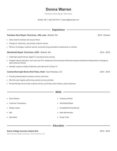 Paintless Dent Repair Technician Resume