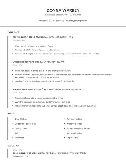 Paintless Dent Repair Technician Resume