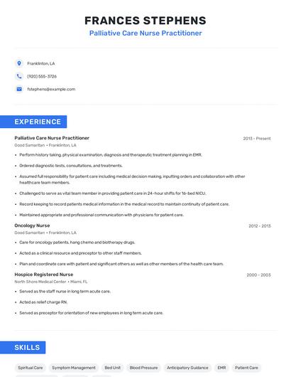 Palliative Care Nurse Practitioner Resume