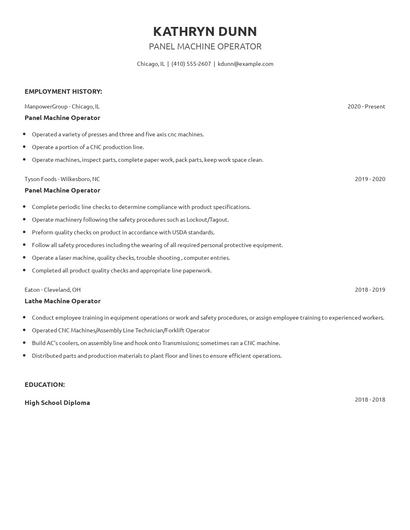 Panel Machine Operator Resume