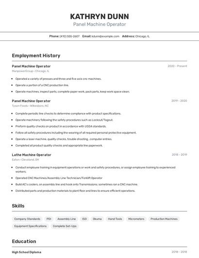 Panel Machine Operator Resume