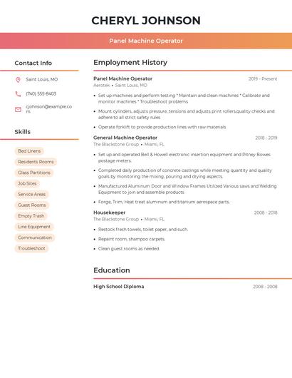 Panel Machine Operator Resume