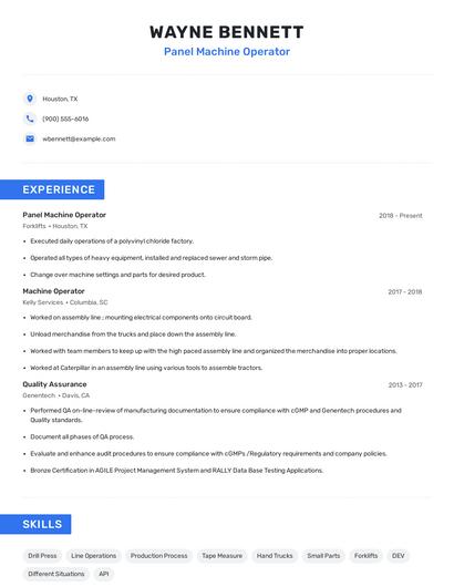 Panel Machine Operator Resume