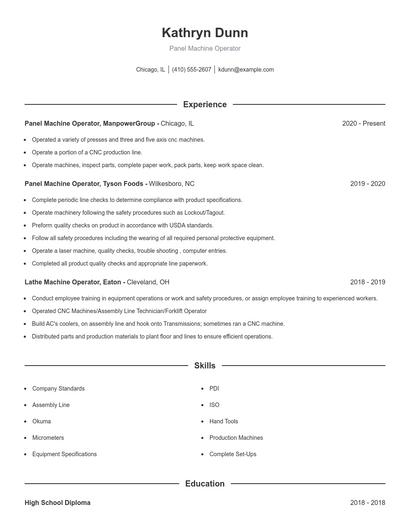 Panel Machine Operator Resume