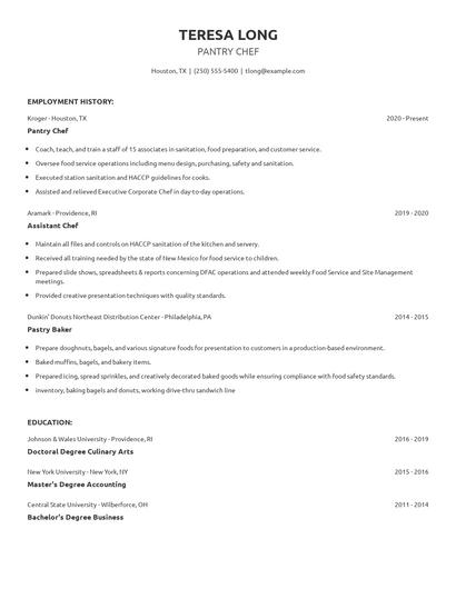 Pantry Chef Resume
