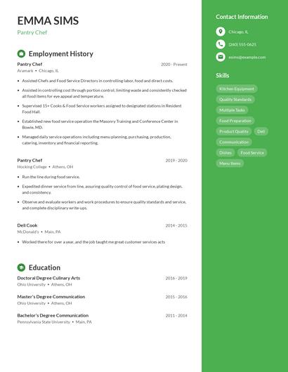 Pantry Chef Resume