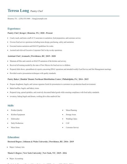 Pantry Chef Resume