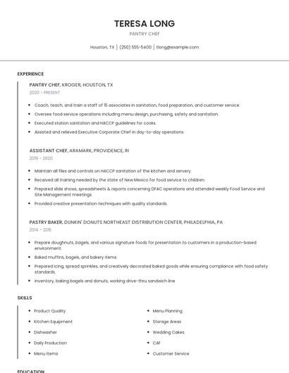 Pantry Chef Resume