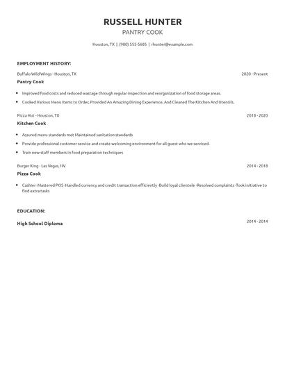 Pantry Cook Resume