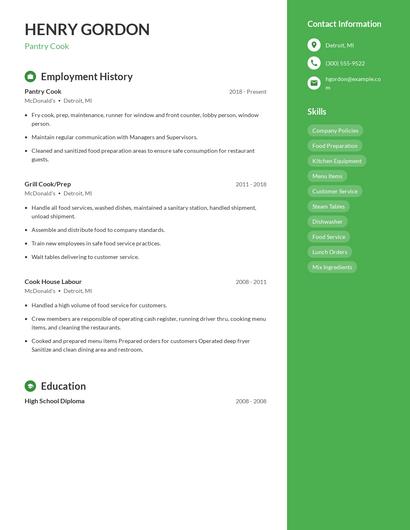 Pantry Cook Resume
