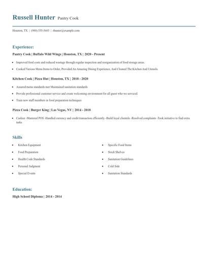 Pantry Cook Resume