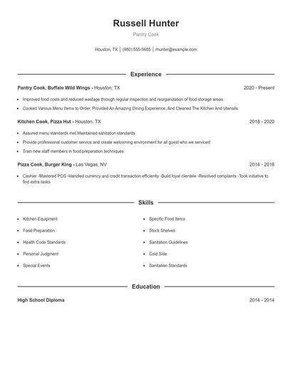 Pantry Cook Resume