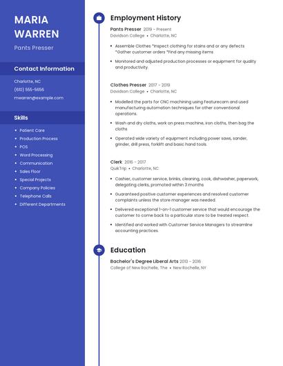 Pants Presser Resume