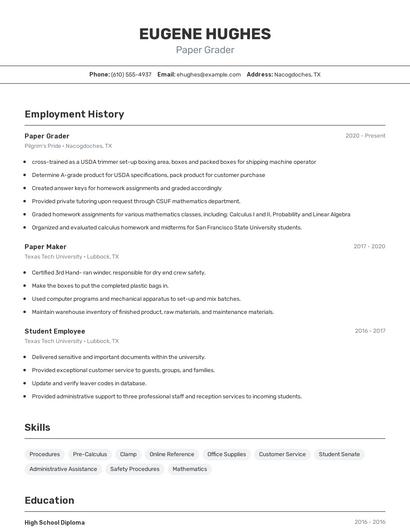 Paper Grader Resume