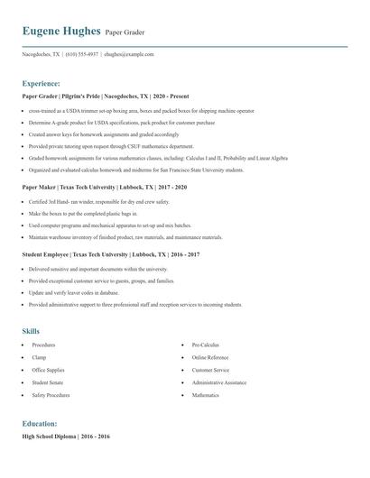 Paper Grader Resume