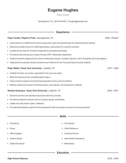 Paper Grader Resume