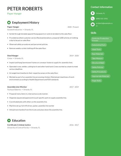 Paper Hanger Resume