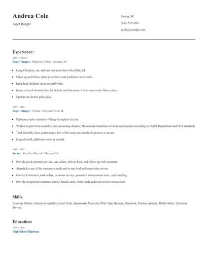 Paper Hanger Resume