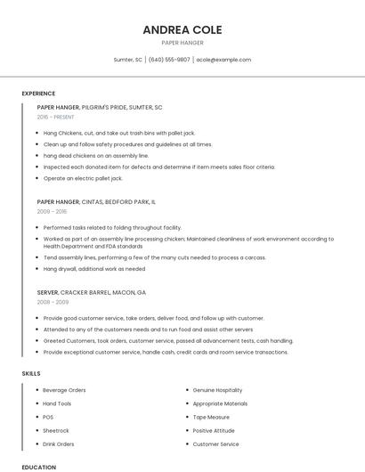 Paper Hanger Resume