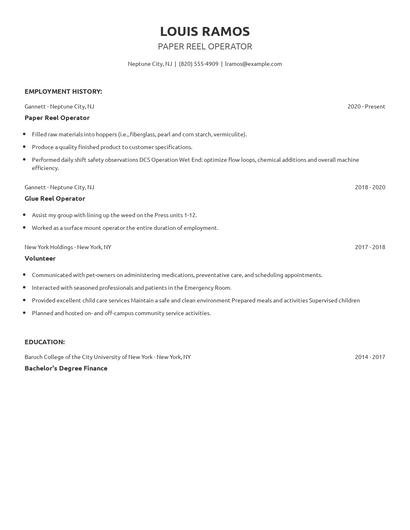 Paper Reel Operator Resume