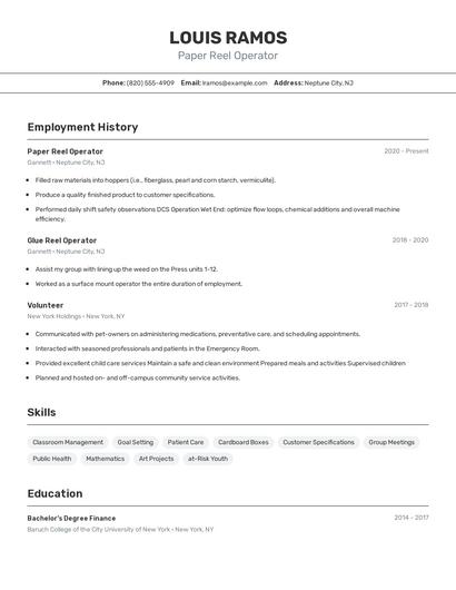 Paper Reel Operator Resume