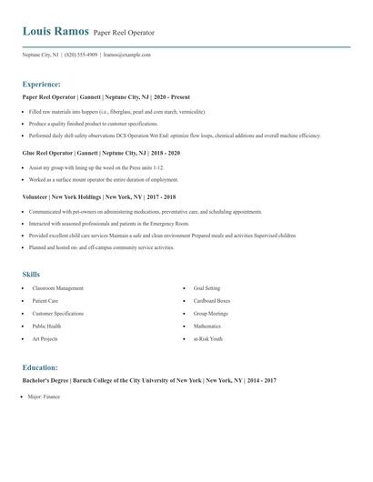 Paper Reel Operator Resume