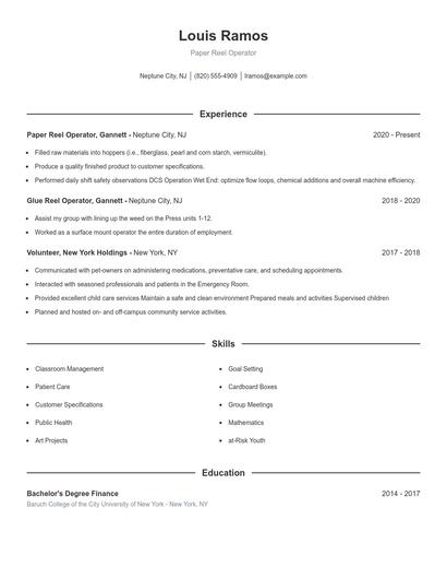 Paper Reel Operator Resume