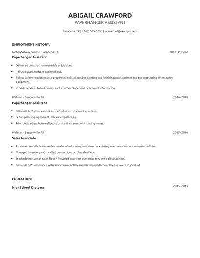 Paperhanger Assistant Resume
