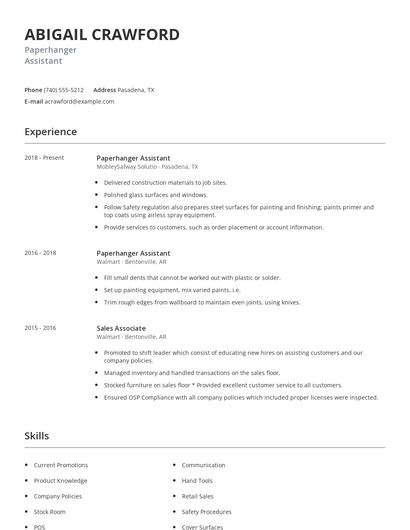 Paperhanger Assistant Resume