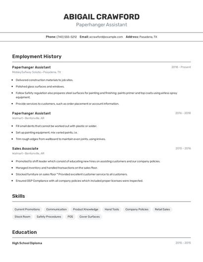 Paperhanger Assistant Resume