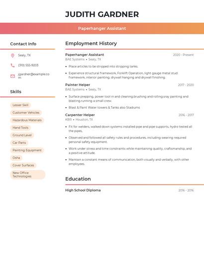 Paperhanger Assistant Resume